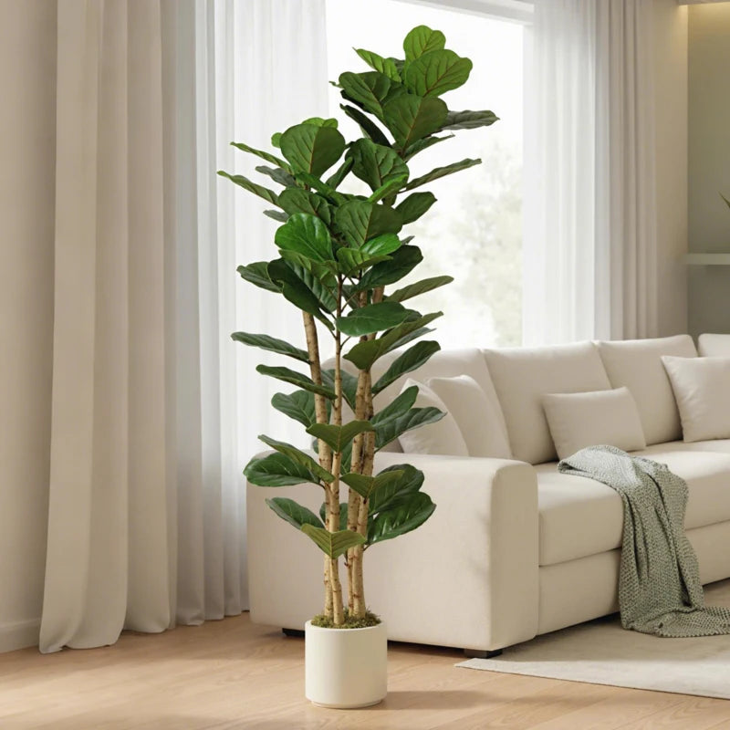 6FT Artificial Fiddle Leaf Fig Tree, Fake Potted Tree with Solid Wood Trunks and Lifelike Leaves for Indoor Decor, Green