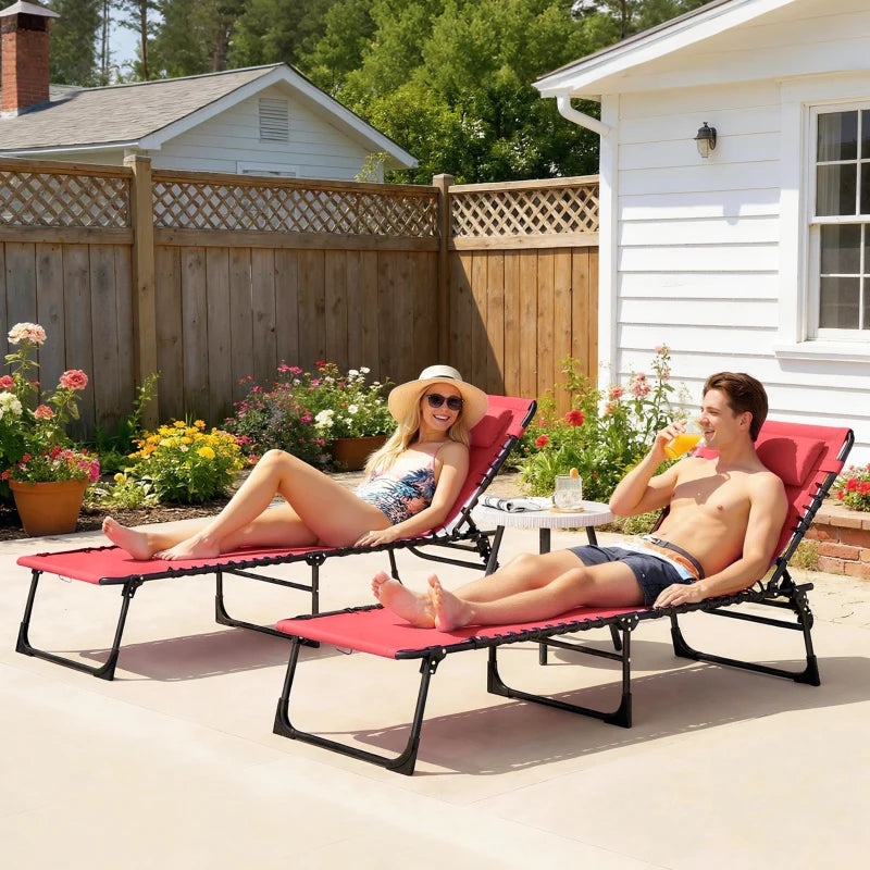 2 PCs Folding Lounge Chairs, Adjustable Chaise Lounge with Headrest, Reclining Lounger Cot for Camping, Hiking, Wine Red
