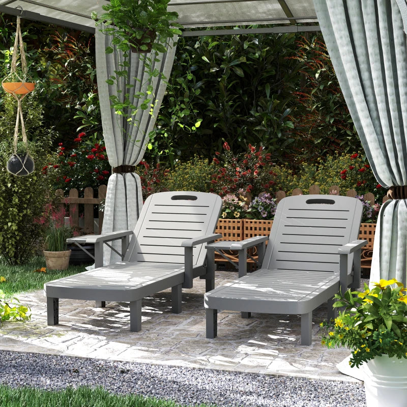 Set of 2 Tanning Chair, 5 Positions Adjustable Outdoor Lounge Chairs with Foldable Side Table, Dark Grey