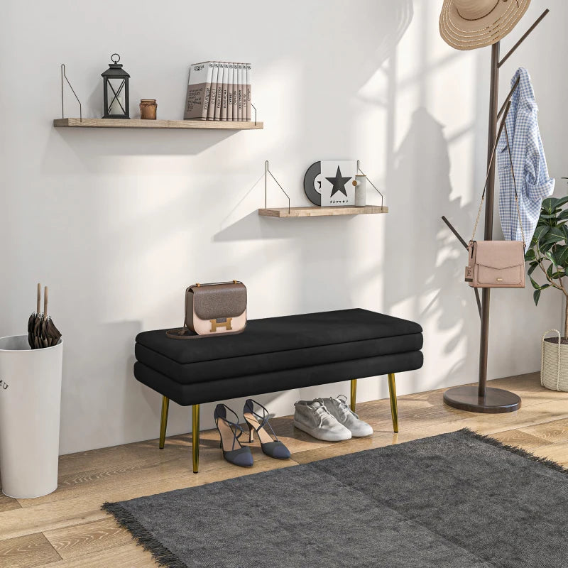 39" Storage Ottoman, Velvet End of Bed Bench with Steel Legs, Foot Stool with Storage for Bedroom, Living Room, Black