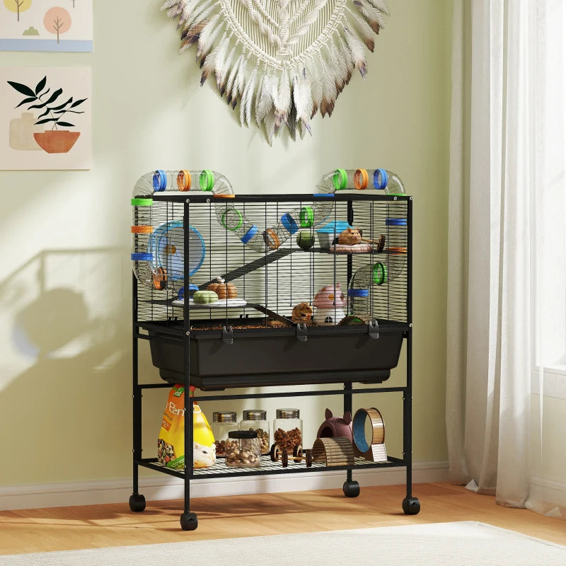 3 Tier Rolling Hamster Cage with 7" Deep Tray, Storage Shelf, Big Exercise Wheel, Tube System, for Syrian, Gerbil, Rat