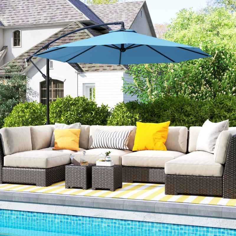 10' Deluxe Patio Umbrella, Outdoor Market Parasol, Banana Hanging Offset Sunshade with Crank, Cross Base, Blue