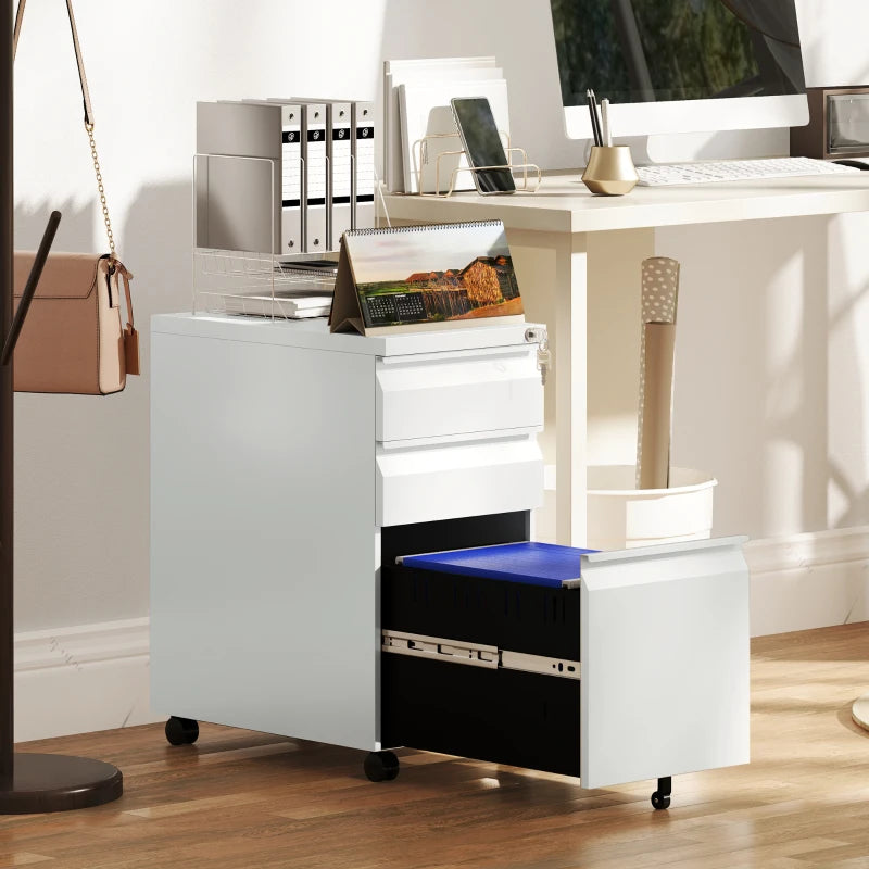 3 Drawer Filing Cabinet with Lock, Steel Office Storage Cabinet with Hanging Bar for A4, Legal, Letter Files, White
