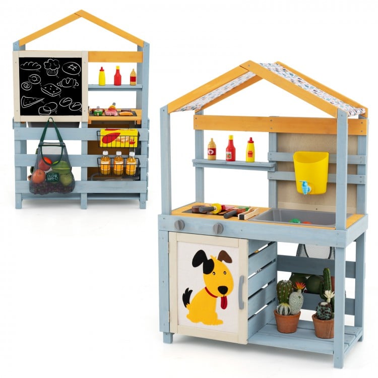 2 in 1 Wooden Mud Kitchen with Removable Water Box and Storage Bag-Gray