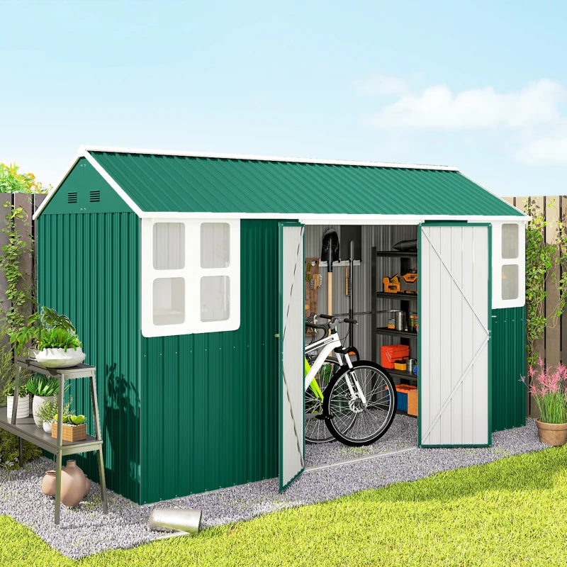 12' x 5.5' Metal Garden Storage Shed, Outdoor Tool Storage House with Lockable Door, Vents, Sloped Roof, Green