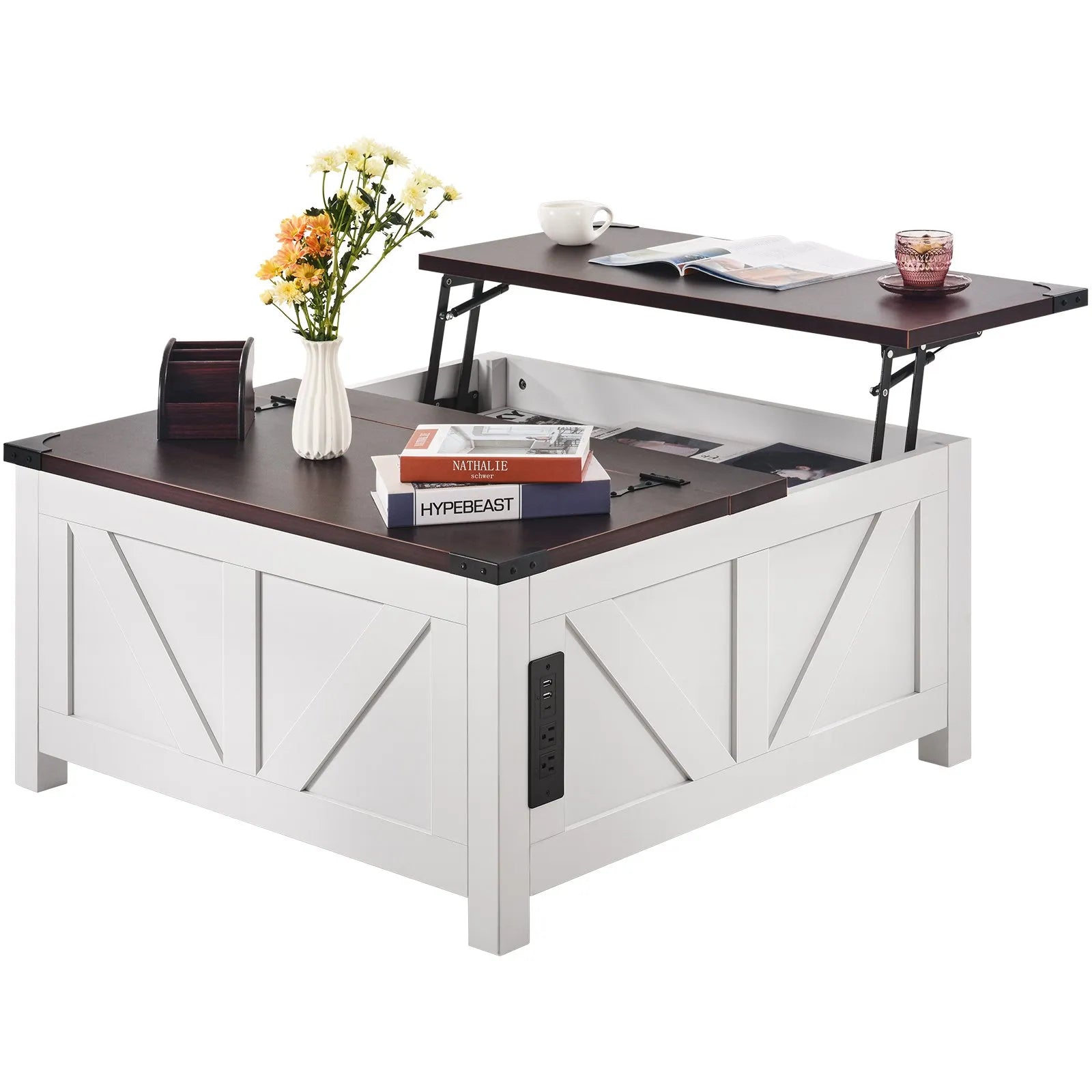 VEVOR 36" Farmhouse Coffee Table Hinged Lift Top Square Table with Power Strip