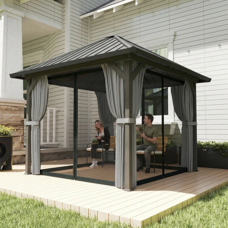 10' x 10' Hardtop Gazebo with Galvanized Steel Roof, Permanent Garden Gazebo with Netting and Curtains