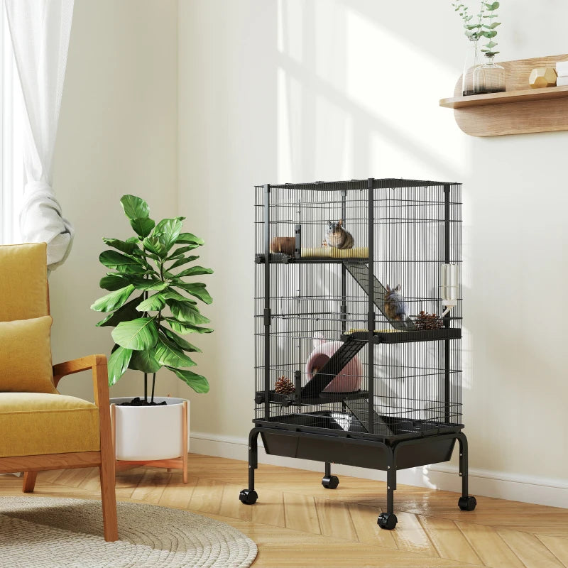47"H Ferret Cage, Large 4-Tier Guinea Pig Cage with Wheels, Ramps, Bowl, Water Bottle & Removable Tray, Black