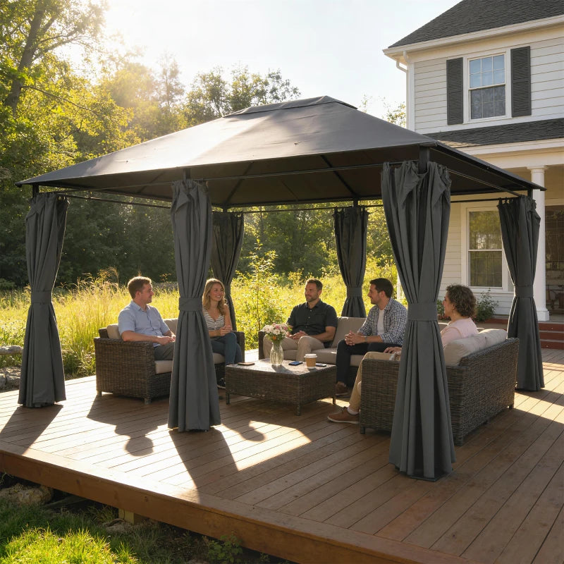 13'x 10' Soft-top Steel Patio Gazebo Canopy Party Tent with 6 Removable Curtains and Drainage Holes, Dark Grey