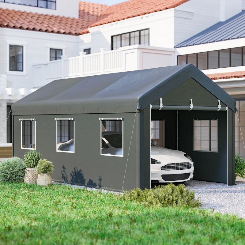 10' x 20' Carport, Heavy Duty Portable Garage with 6 Mesh Windows and 2 Doors, Dark Grey