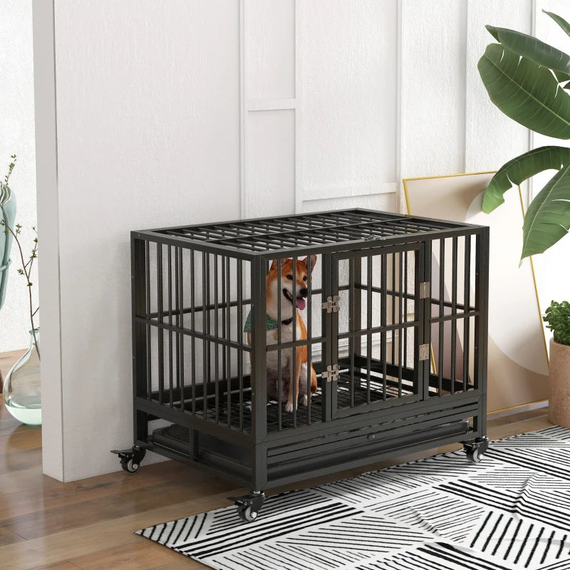 36" Heavy Duty Steel Dog Crate Kennel Pet Cage with Wheels for Convenient Access Anti-Pinching Floor, Grey
