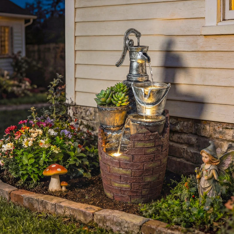 4-Tier Outdoor Fountain with Planter, Cascading Waterfall Feature with LED Lights, Rustic Brown and Grey
