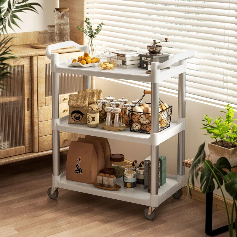 3-Tier Utility Cart Rolling Storage Trolley with 3 Shelves, Silver and White