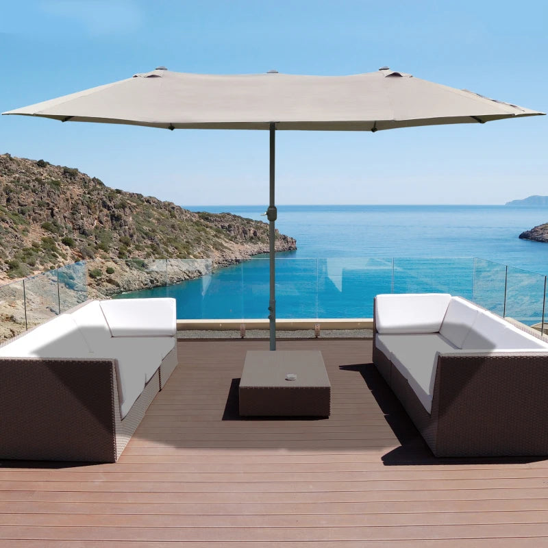 15' Outdoor Patio Umbrella with Twin Canopy Sunshade Steel Table Umbrella w/ Lift Crank, Cross base, Sandbag, Light Grey