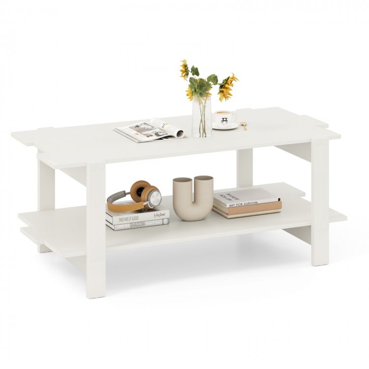 2-Tier Coffee Table Slatted Wood Center Table with Storage Shelf-White