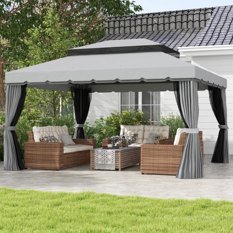 13' x 10' Patio Gazebo Canopy with 2-Tier Polyester Roof, Vented Mesh Sidewall & Strong Aluminum Frame, Light Grey