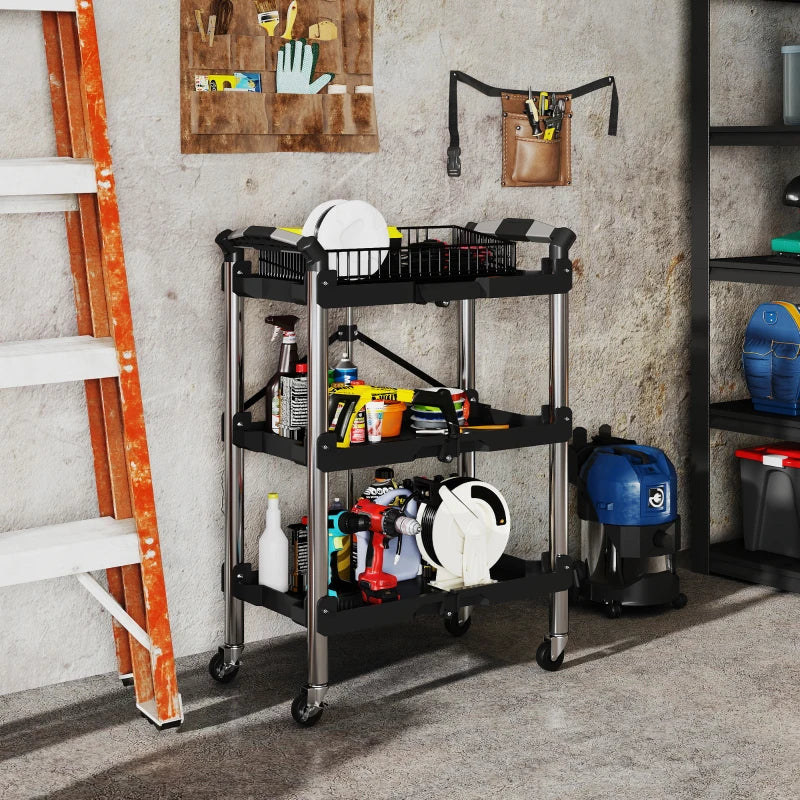 3-Tier Collapsible Tool Cart with Wheels, 150 LBS Capacity Folding Utility Cart with Handles for Garage Workshop, Black