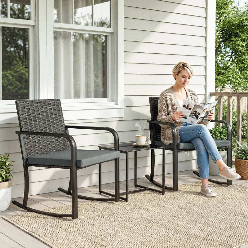 3 Pieces Rocking Bistro Set Outdoor Patio Furniture Set with Cushions, Glass Coffee Table for Balcony, Grey