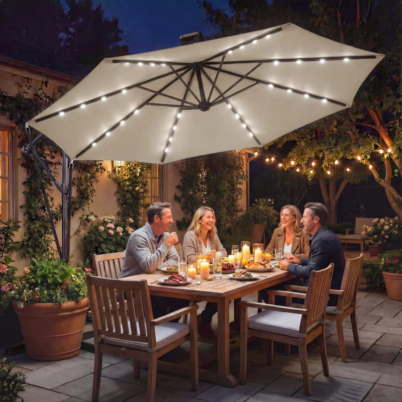 11.3 ft Cantilever Patio Umbrella with Light, Cover, Aluminium UPF50+ Offset Outdoor Umbrella Parasol, Khaki