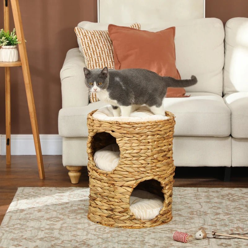 2-Storey Cat Condo Barrel, Small Cat Tree Tower with Top Perch and 2 Hideaways, 2 Entrances, 3 Cushions, Light Brown