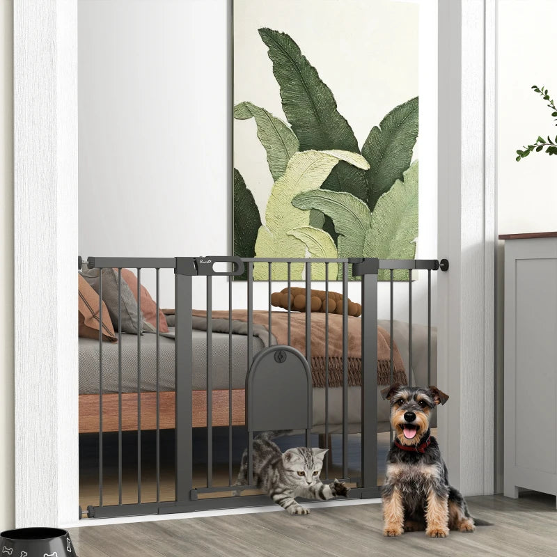 30"-52" Extra Wide Pet Gate Barrier with Small Door, 30"H Dog Gate with Safety Gate Barrier, Stair Pressure Fit, Black