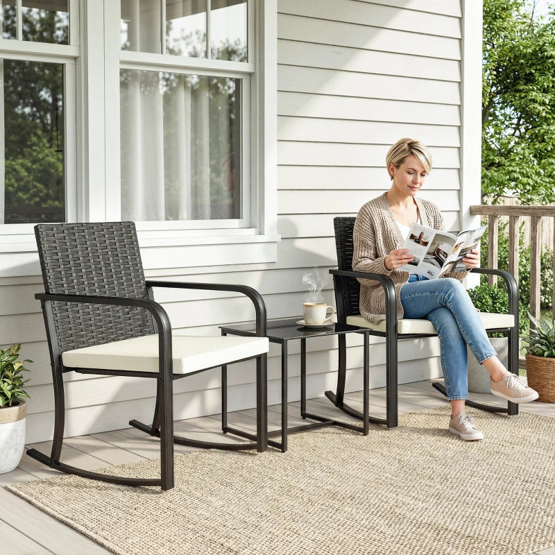3 Pieces Rocking Bistro Set Outdoor Patio Furniture Set with Cushions, Glass Coffee Table for Balcony, Cream White