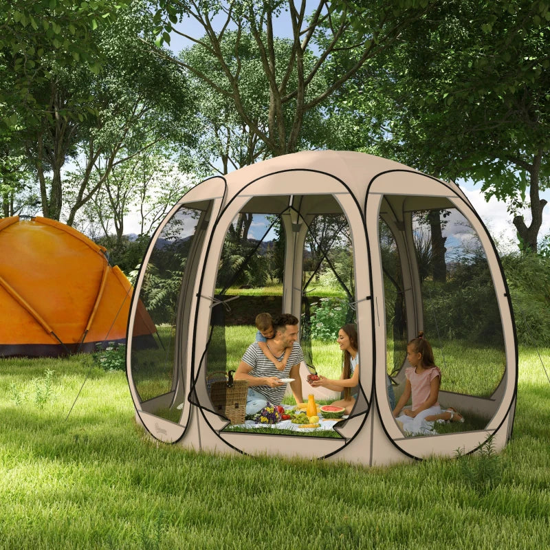 11' x 11.5' Screen Tent, Pop Up Camping Gazebo with Portable Carry Bag and 2 Doors, Beige