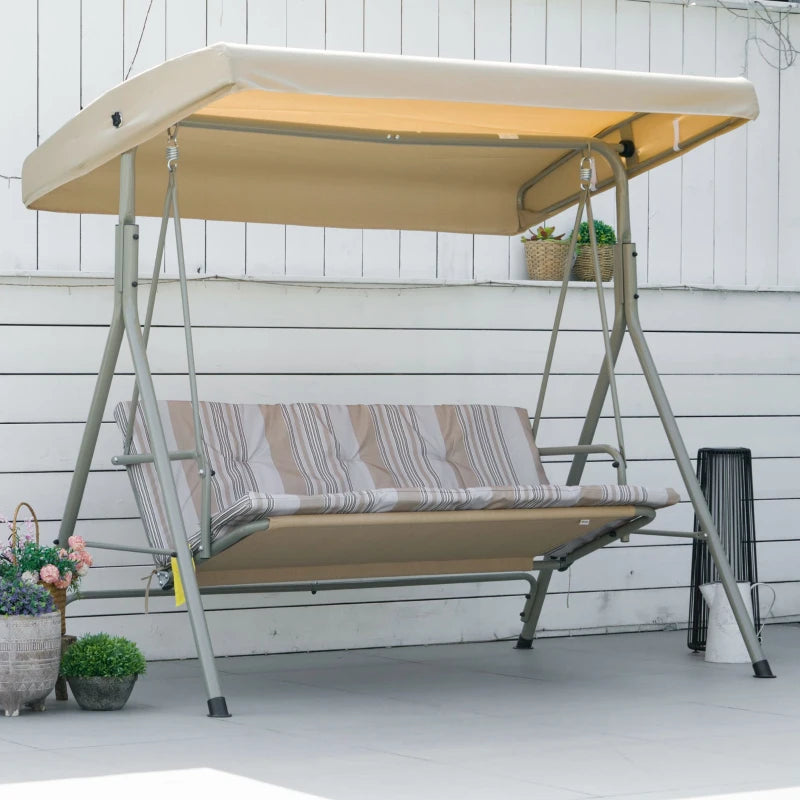 3-Seat Patio Swing Chair, Outdoor Porch Swing Glider with Adjustable Canopy, Light Brown