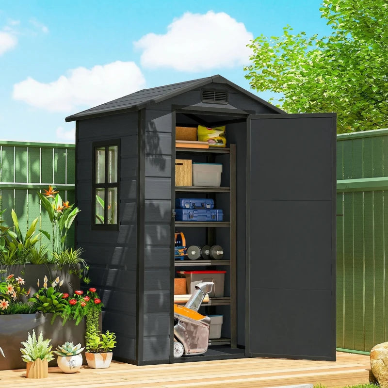 4' x 3' Plastic Garden Shed with Floor, Outdoor Small Shed with Lockable Door, Window and Vent, Dark Grey