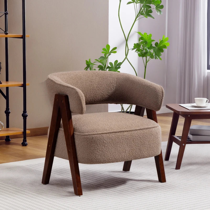 Sherpa Fleece Accent Chair, Upholstered Armchair with Solid Wood Legs and Steel Frame for Living Room, Light Brown