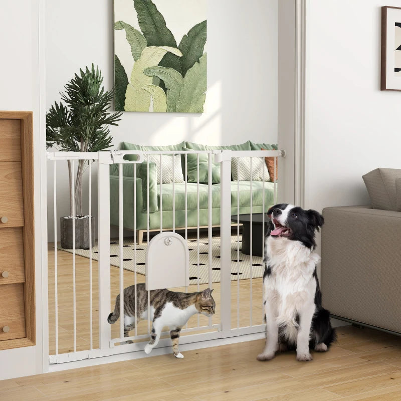 30"-52" Extra Wide Pet Gate Barrier with Small Door, 35"H Dog Gate with Safety Gate Barrier, Stair Pressure Fit, Black