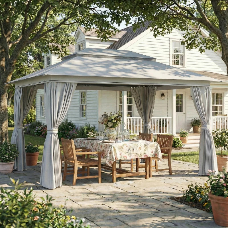 10' x 13' Patio Gazebo, UPF50+ Double Roof Outdoor Gazebo Canopy with Netting and Curtains, Steel Frame, Dark Grey