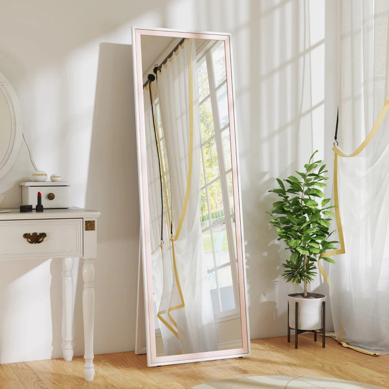 64" x 21" Full Length Mirror, Rectangular Full Body Mirror with Frame, Standing, Hanging or Leaning, White and Pink
