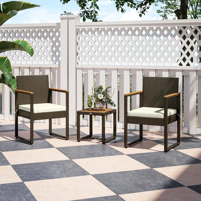 3 Pieces Wicker Patio Furniture Set, Rattan Bistro Set w/ Acacia Wood Table & Removable Cushions, White