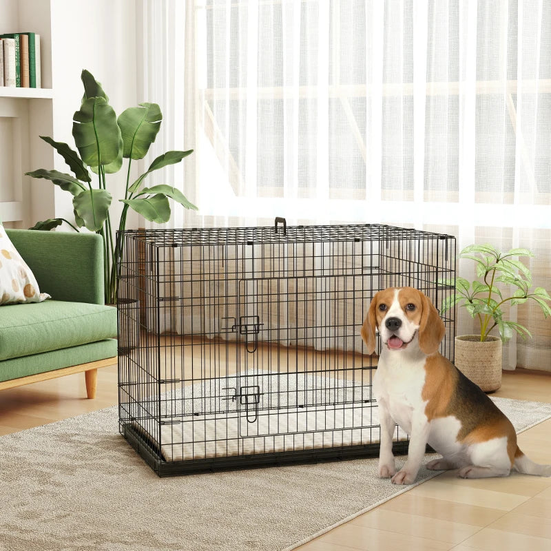 41" Dog Crate with 2 Doors, Folding Metal Dog Cage with Soft Cushion, Removable Tray, Handle, for Small Dogs, Black