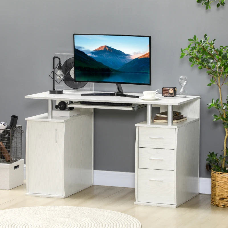 47" Computer Desk with Keyboard Tray and Storage Drawers, Home Office Workstation Table with Storage Shelves, White