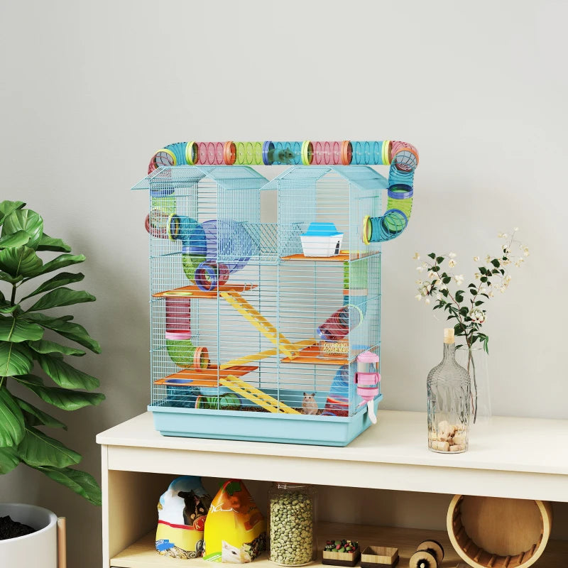 18.5" Hamster Cage, 5 Tiers Small Animal House with Tunnel Tube System, Exercise Wheel, Water Bottle, Light Blue