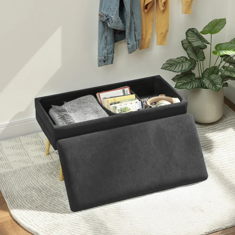 31" Storage Ottoman, Velvet End of Bed Bench with Steel Legs, Foot Stool with Storage for Bedroom, Living Room, Black