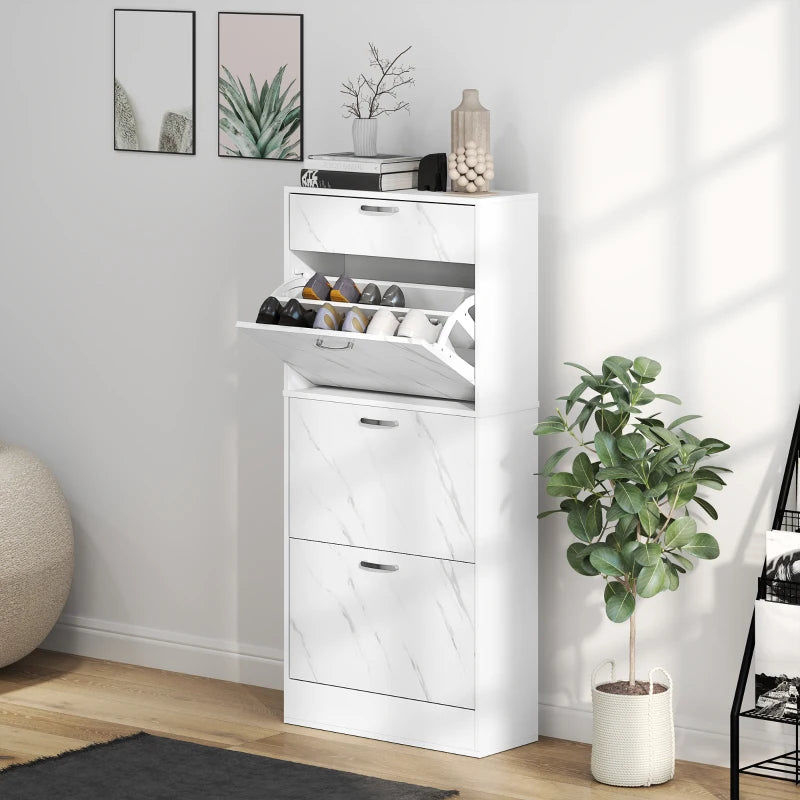 3 Flip Drawer Shoe Cabinet, Marble-Effect Narrow Shoe Storage Cabinet with Top Drawer and Adjustable Shelves, White