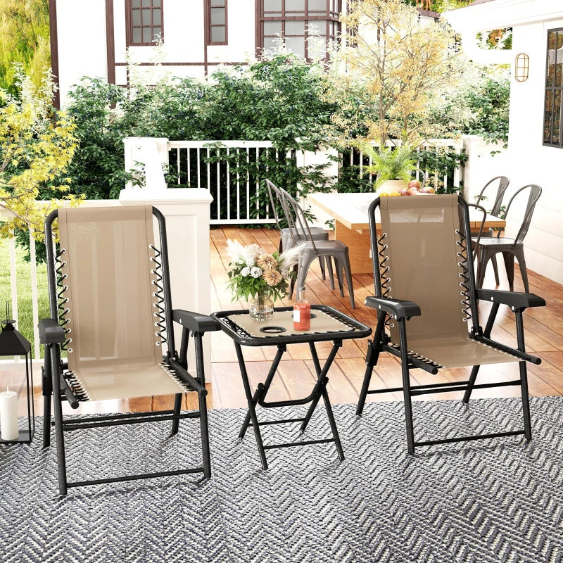 3 Pieces Patio Bistro Set, Outdoor Folding Table and Chairs Set, Metal Patio Furniture Set with Cup Holders, Khaki