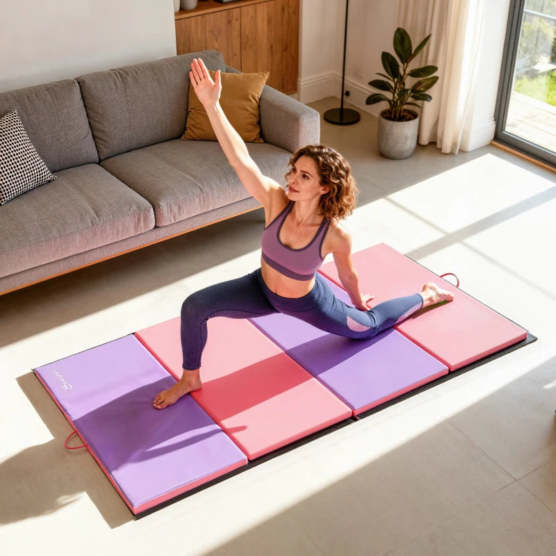Soozier 4'x6'x2'' Folding Gymnastics Tumbling Mat, Exercise Mat with Carrying Handles for Yoga, MMA, Martial Arts, Stretching, Core Workouts, Pink and Purple