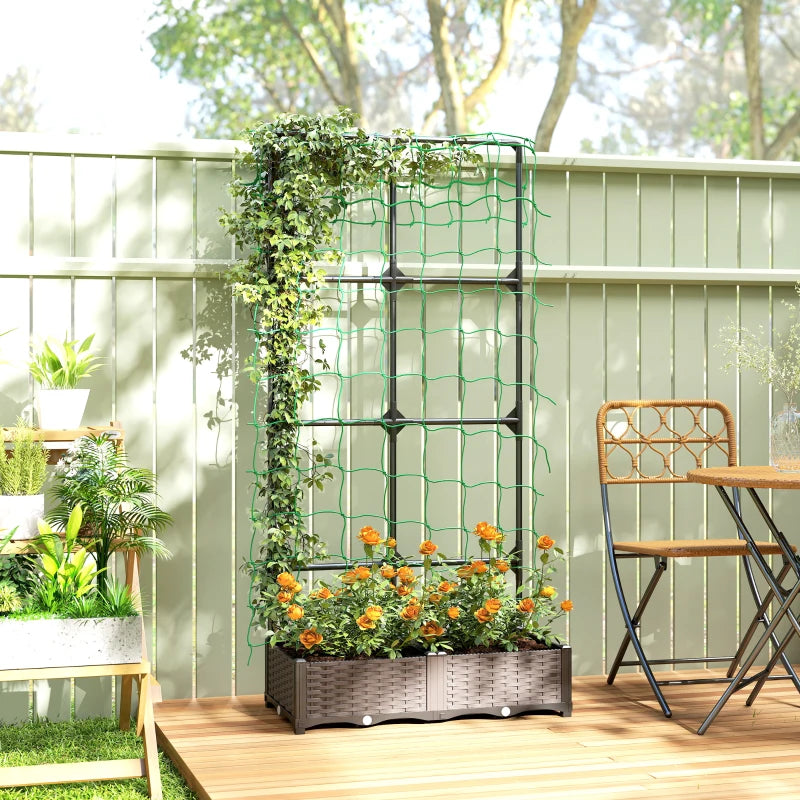 2PCS Plastic Planter Box with Trellis, Self-Watering Raised Garden Bed with Trellis and Netting