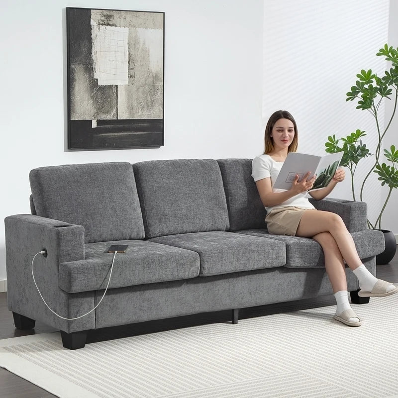 3 Seater Sofa with USB Ports & Cup Holders, Chenille-Feel Upholstered Couch for Living Room, Grey