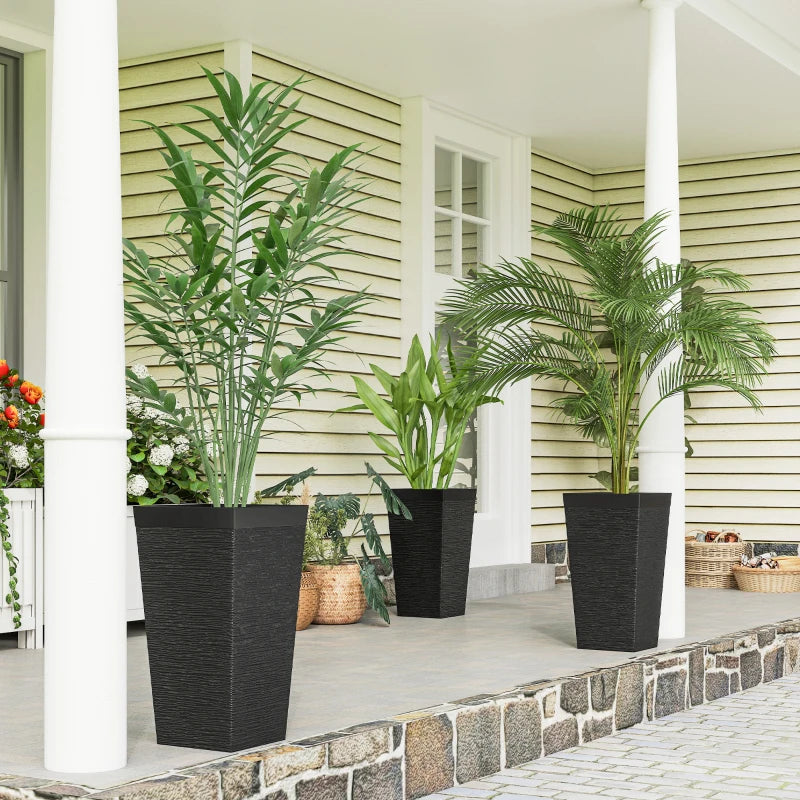 22.8" Tall Planters Set of 3, Indoor Outdoor Taper Planters with Stone Finish, Wheels and Drainage Hole, Black