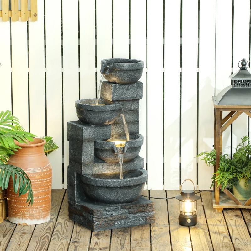 30" Tall Outdoor Water Fountain with LED Lights, 4-Tier Resin Cascading Bowls Garden Fountain Waterfall Fountain with Pump, Grey
