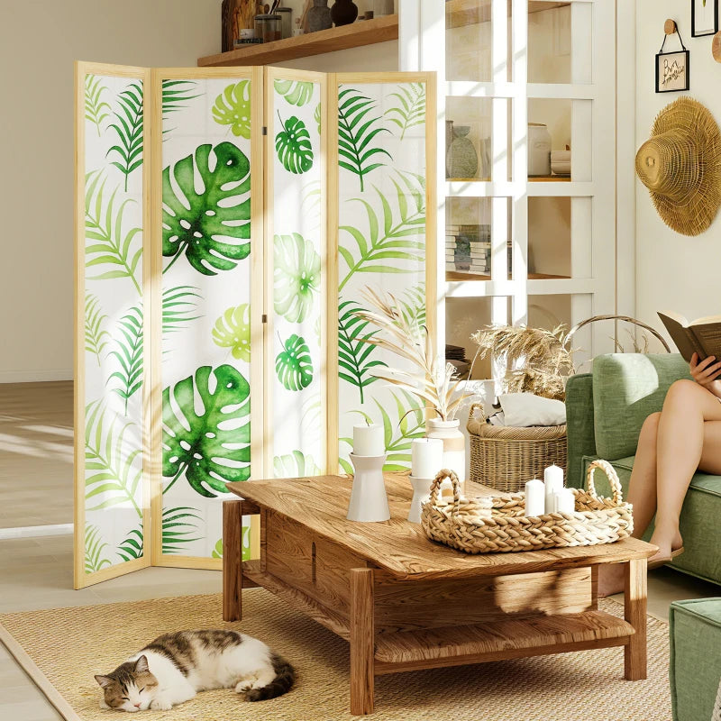 4 Panel Folding Privacy Screen, 67" Room Divider with Palm Leaf Design for Living Room Bedroom, Natural and Green