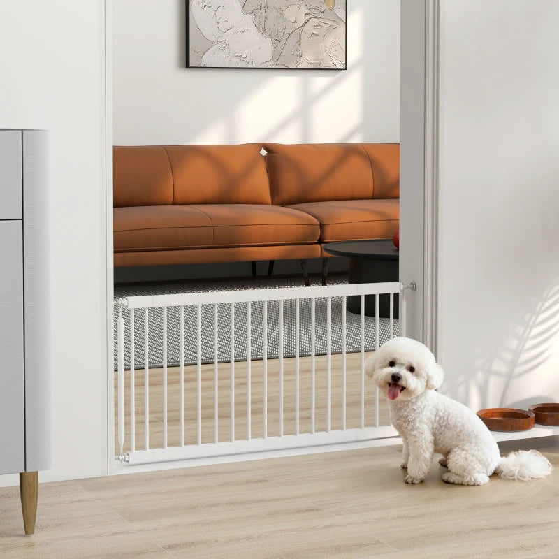 26"-37" Dog Gate, Adjustable Pet Gate, Fits 18" Tall with 2 Extension, Pressure Mount Kit for Stairs and Doorways, White