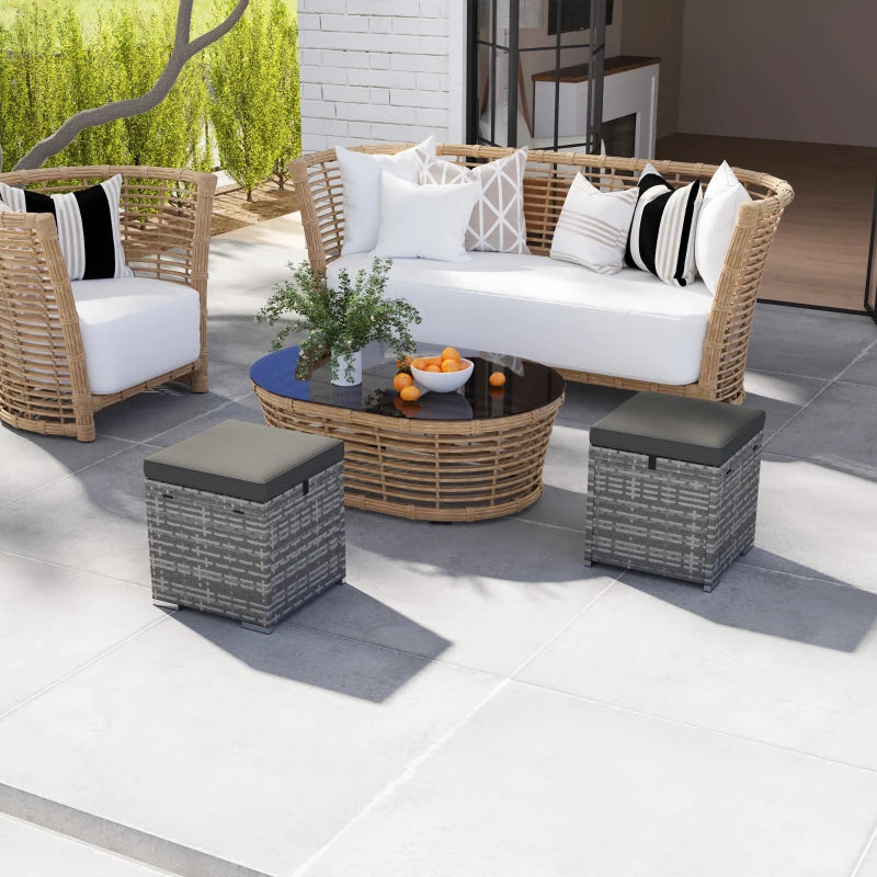 2 Pieces Wicker Outdoor Ottoman with Storage, Cushion, Square Outdoor Footstool, Seating, Side Table, Dark Grey