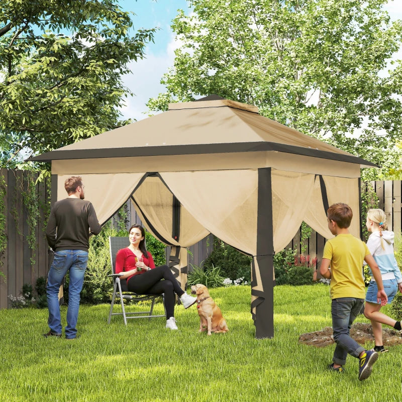 11' x 11' Pop Up Gazebo, Double Roof Foldable Height Adjustable Canopy Tent with Mesh Sidewalls, Carrying Bag, Beige