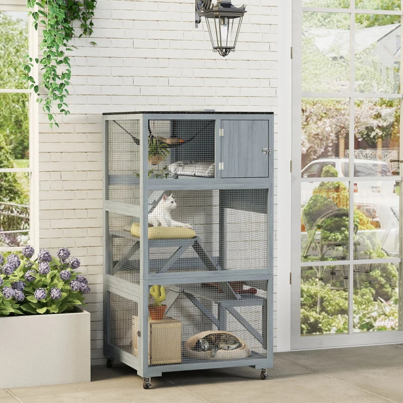 66"H Catio Outdoor Cat Enclosure on Wheels with Hammock Multiple Platforms Resting Condo Ramps for 1-3 Cats, Grey